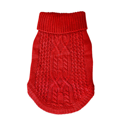 Red dog winter sweater for small dogs, soft knitted pet clothing with warm turtleneck for autumn and winter outdoor wear.