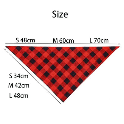 cotton dog bandana red plaid triangular pet scarf size chart for small, medium, and large dogs