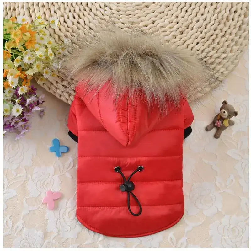small dog winter jacket red fur hood pet coat for small and medium dogs, puppies, French Bulldogs, Chihuahuas, cats, and rabbits
