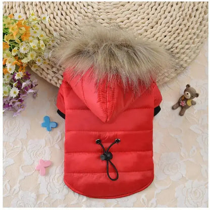 small dog winter jacket red fur hood pet coat for small and medium dogs, puppies, French Bulldogs, Chihuahuas, cats, and rabbits
