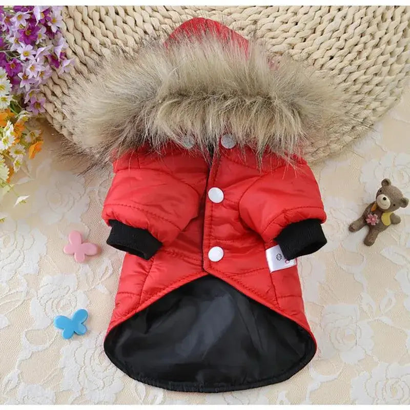 Small dog winter jacket red hooded coat with faux fur trim for puppies, French Bulldogs, Chihuahuas, cats, and rabbits
