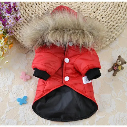 Small dog winter jacket red hooded coat with faux fur trim for puppies, French Bulldogs, Chihuahuas, cats, and rabbits