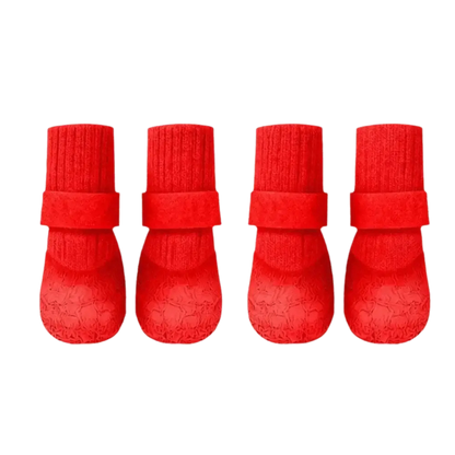 Red 4pcs set waterproof dog boots with non-slip wear-resistant soles, comfortable breathable winter pet shoes for dogs
