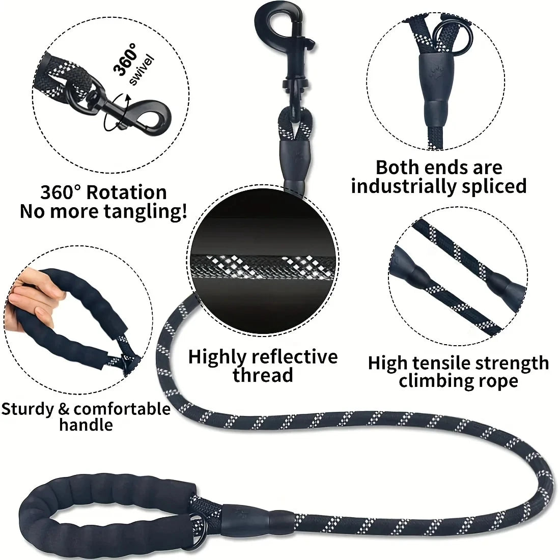 Reflective Dog Leash With Comfortable Padded Handle - Double Heavy Duty Traction Rope For Strong Dogs - Enhance Safety And Contr.