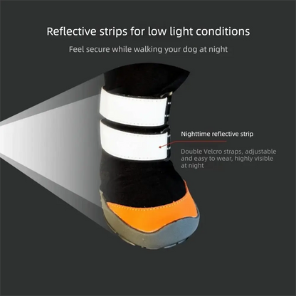 Waterproof dog hiking boots with reflective straps, double Velcro, non-slip sole, and durable protective footwear for night walking
