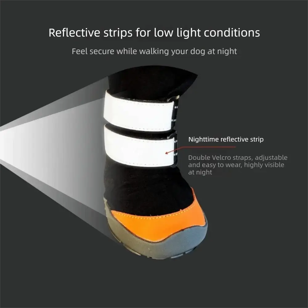 waterproof dog boots with reflective strips, adjustable double Velcro straps, and protective wear-resistant design for night walking