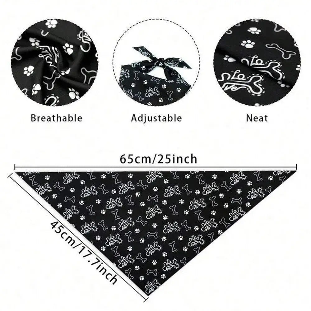 reversible dog bandana black bone and paw pattern triangular pet scarf 65cm adjustable breathable