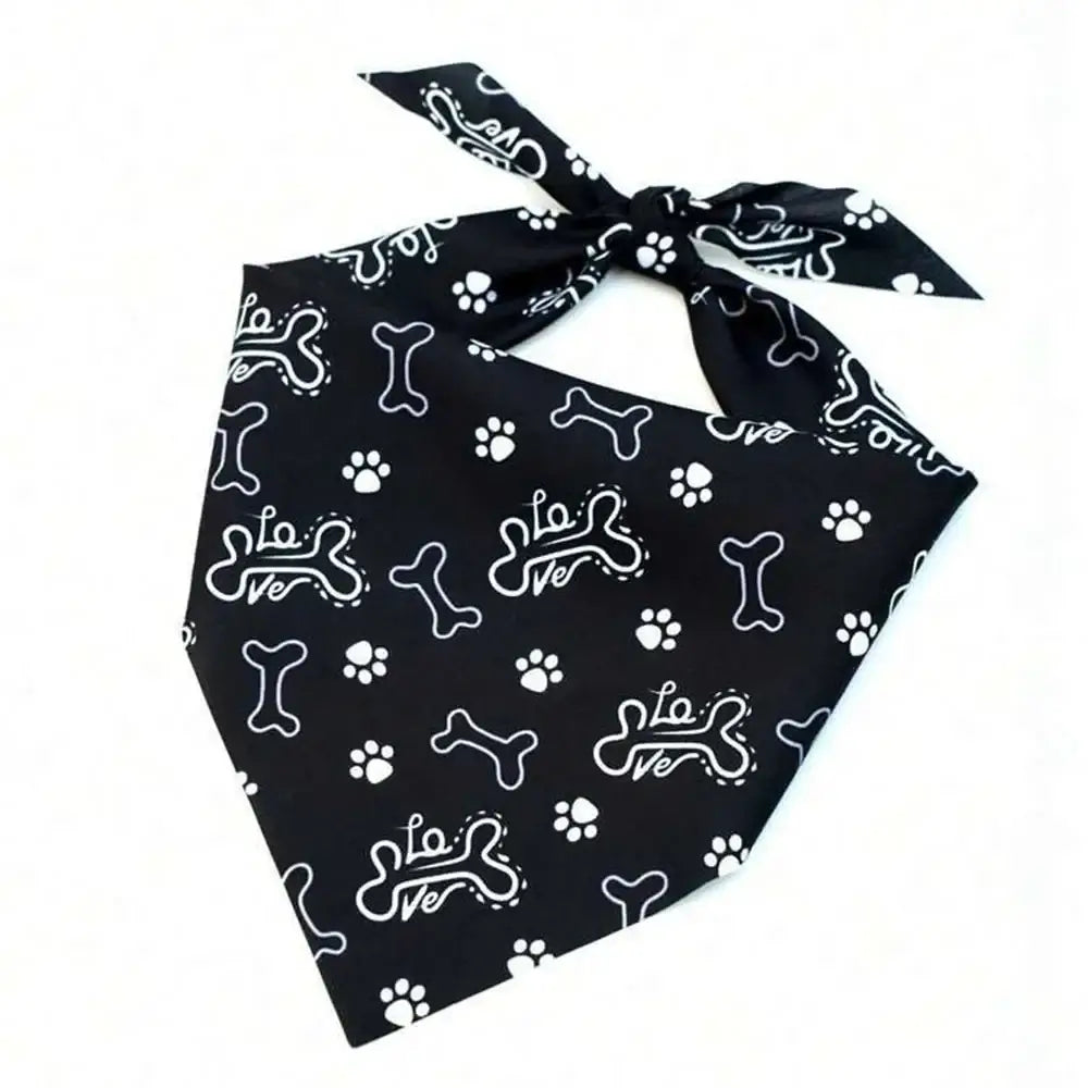 reversible dog bandana black M polyester triangular dog scarf with bone and paw pattern for small dogs
