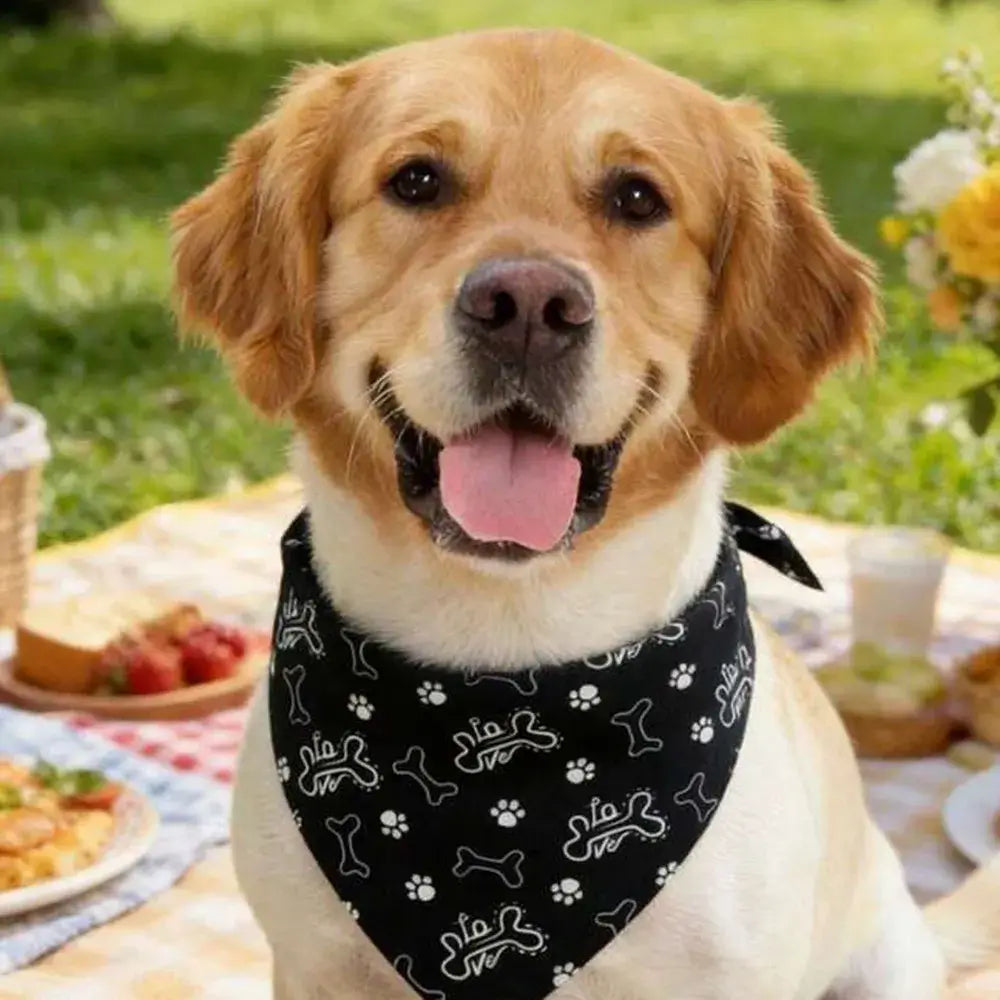 reversible dog bandana for small dogs, black bone and paw pattern pet scarf, holiday accessory
