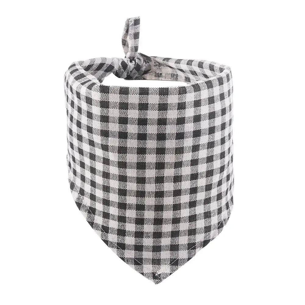 Reversible dog bandana black and white checkered triangle scarf for puppies and small dogs, durable cotton linen bib