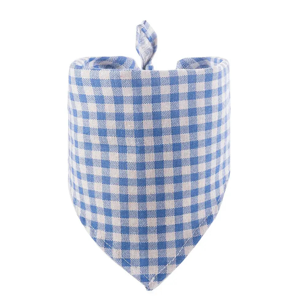 reversible dog bandana blue checkered triangle scarf for puppy and cat, durable cotton linen pet bib