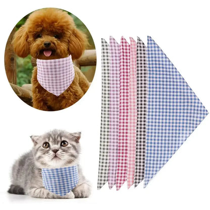 Reversible dog bandana for puppies and cats, durable cotton triangle scarf with gingham checks in orange, blue, and green