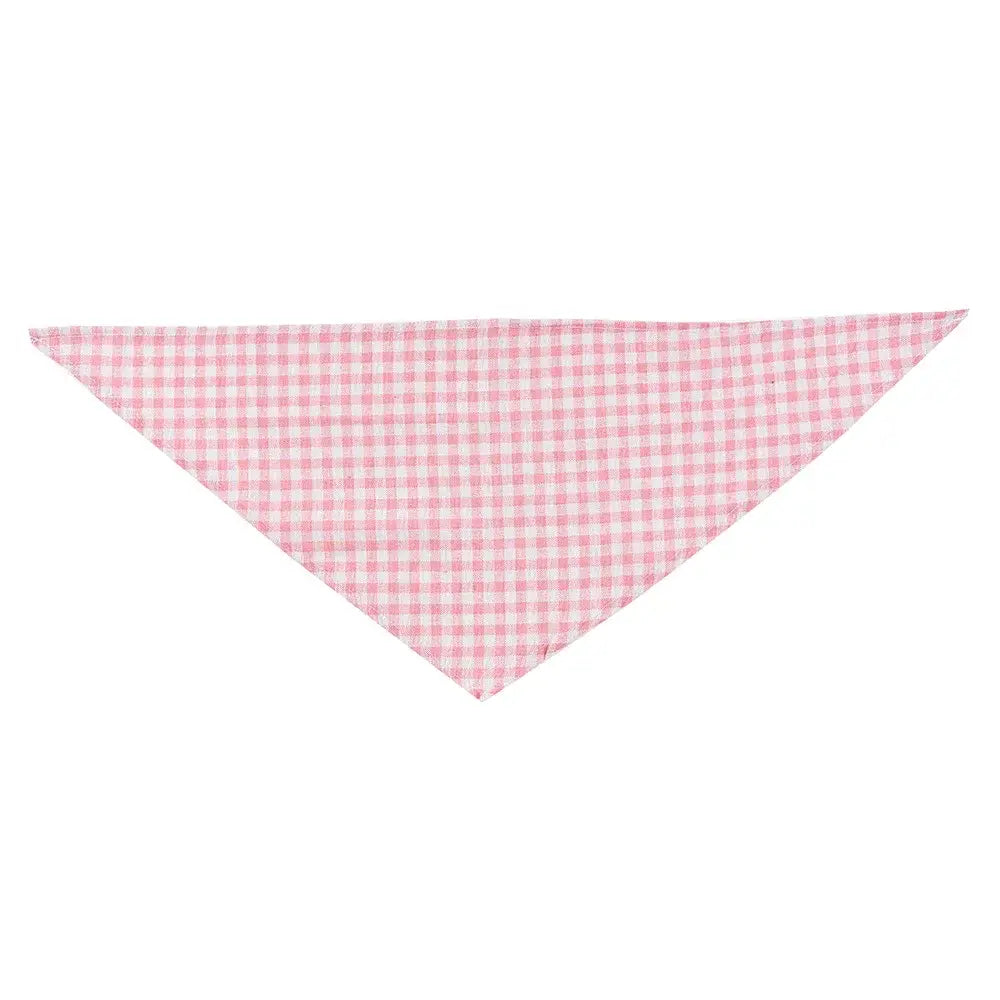 Pink gingham reversible dog bandana for puppies and cats, lightweight triangular pet scarf, durable cotton linen bib