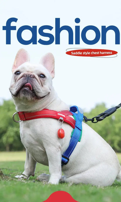 Fashionable saddle type dog harness for small and medium dogs, red and blue reflective chest strap for outdoor walking
