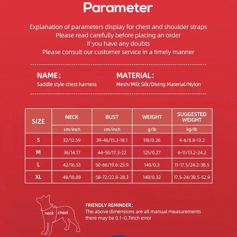 Saddle type dog harness size chart with neck, bust, and weight guide for small to large dogs