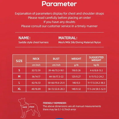 Saddle type dog harness size chart with neck, bust, and weight guide for small to large dogs