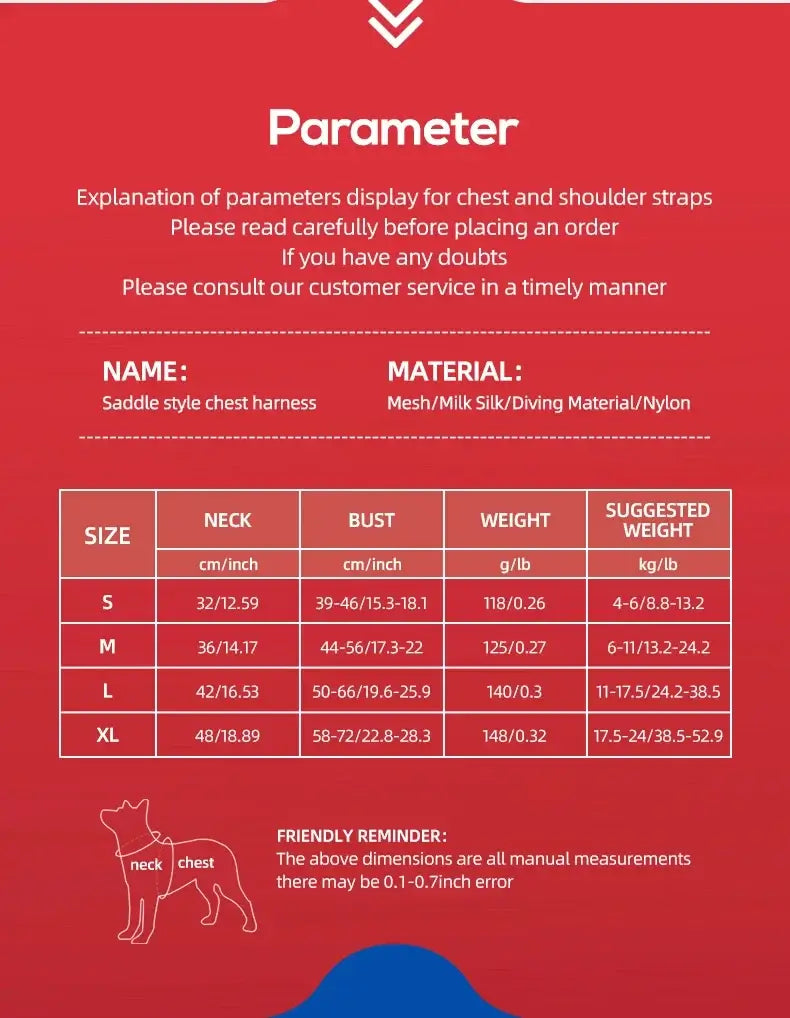 saddle type dog harness size chart for small medium large dogs with chest and neck measurements