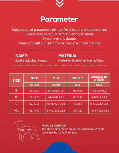 saddle type dog harness size chart for small medium large dogs with chest and neck measurements