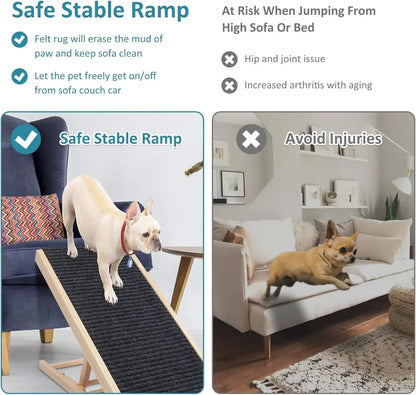 Adjustable wooden dog ladder providing safe access to sofas, preventing injury and assisting pets with mobility.