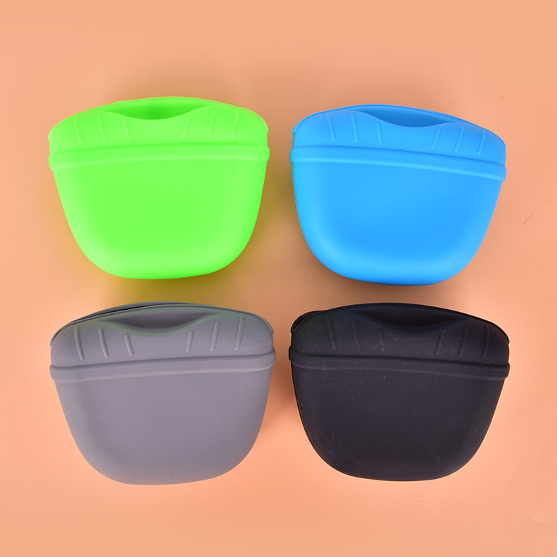 The New Pet Dog Puppy Treat Bag Pouch Walk Obedience Training Reward Biscuit in green, blue, gray, and black colors.