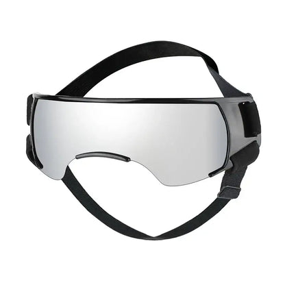 Gray small breed dog goggles with UV-blocking PC lenses and adjustable straps for outdoor eye protection
