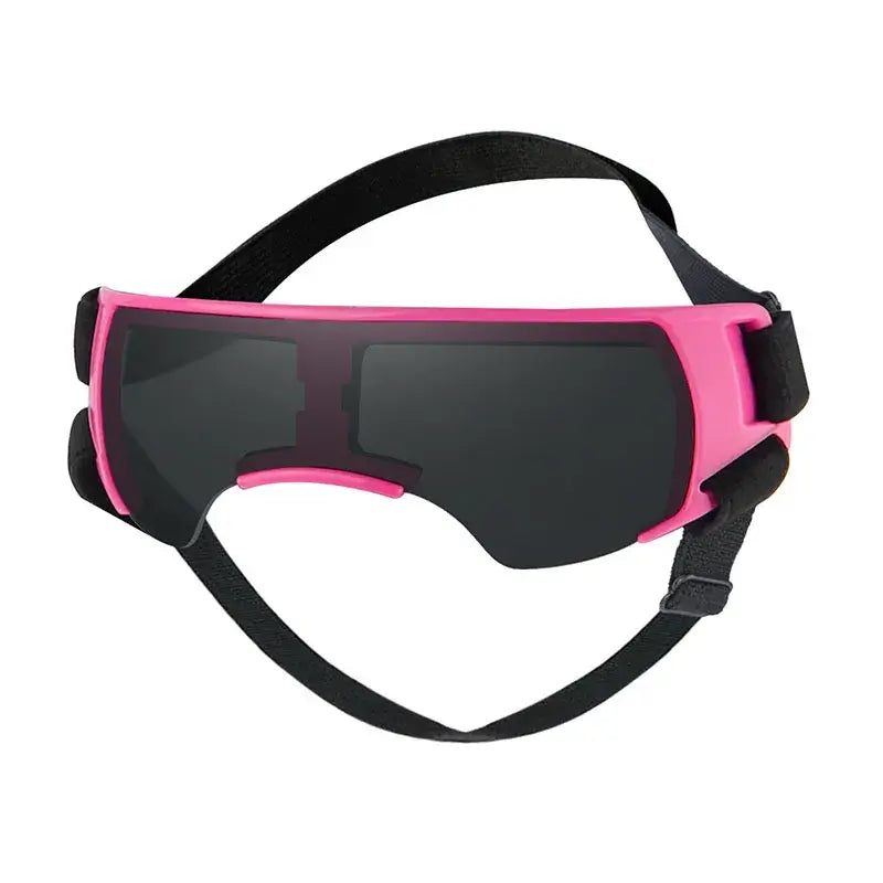 Pink small breed dog goggles with UV-blocking lenses and adjustable straps for outdoor eye protection