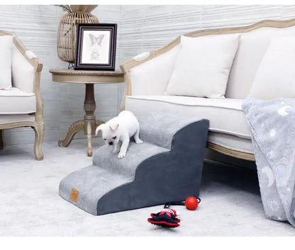 Anti-slip dog stairs for small dogs designed for easy access to furniture, featuring a soft, sturdy build with a cozy aesthetic.