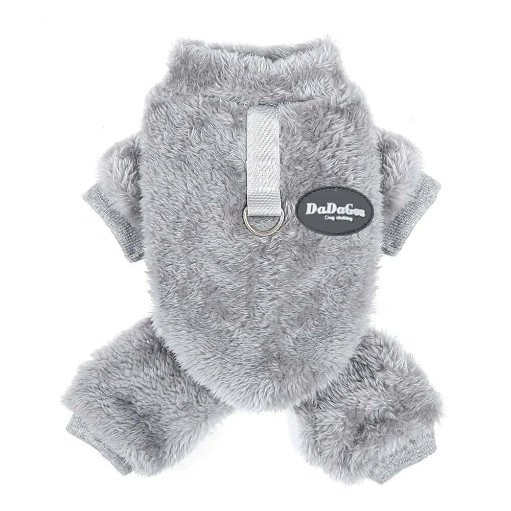 small dog fleece sweater gray winter pet clothes for Chihuahua Yorkie plush pajama outfit with harness ring