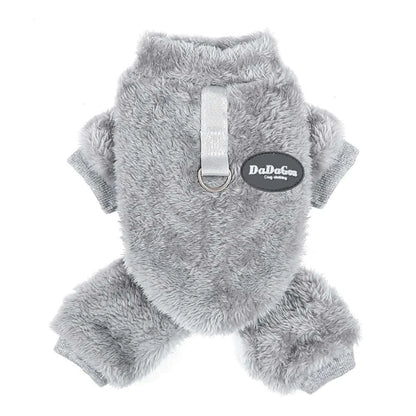 small dog fleece sweater gray winter pet clothes for Chihuahua Yorkie plush pajama outfit with harness ring