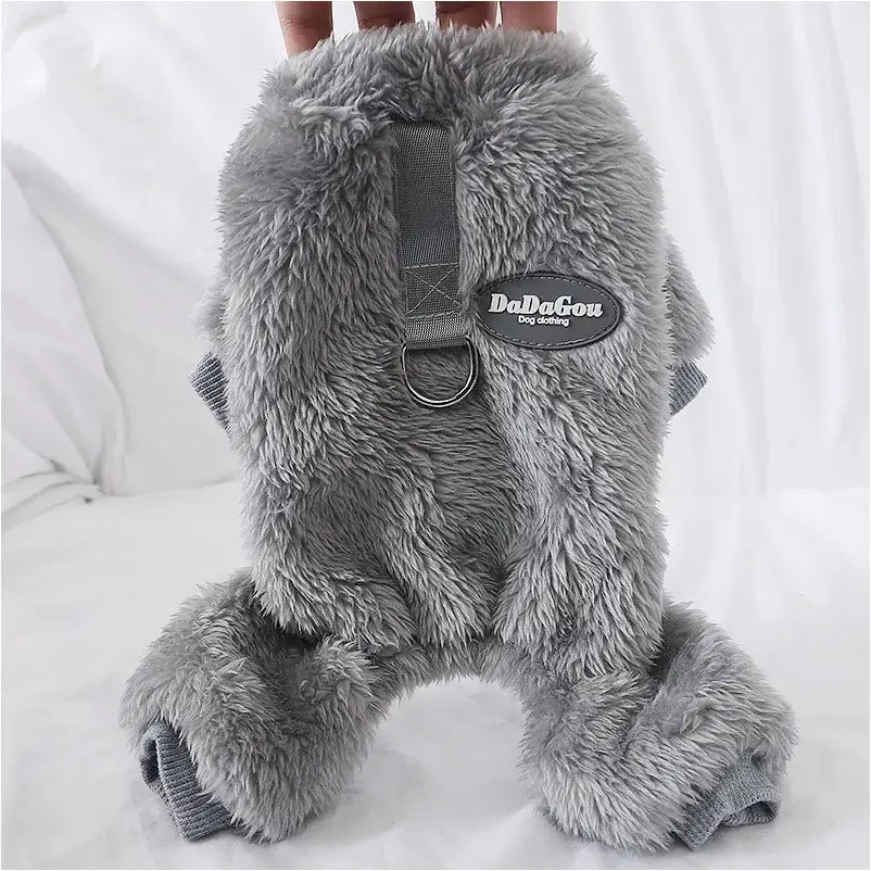 Gray small dog fleece sweater with faux fur texture, back harness ring, and cozy winter pet clothing for Chihuahua or Yorkie.