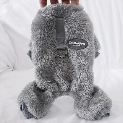 Gray small dog fleece sweater with faux fur texture, back harness ring, and cozy winter pet clothing for Chihuahua or Yorkie.