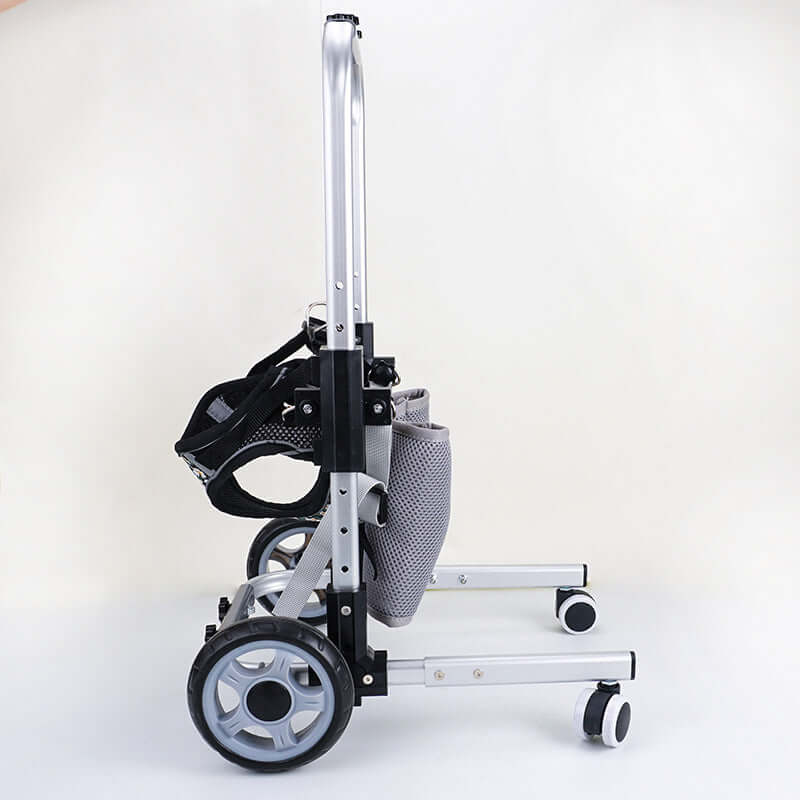 Side view of a front-limb wheelchair for small dogs, designed for mobility and support with adjustable metal frame.