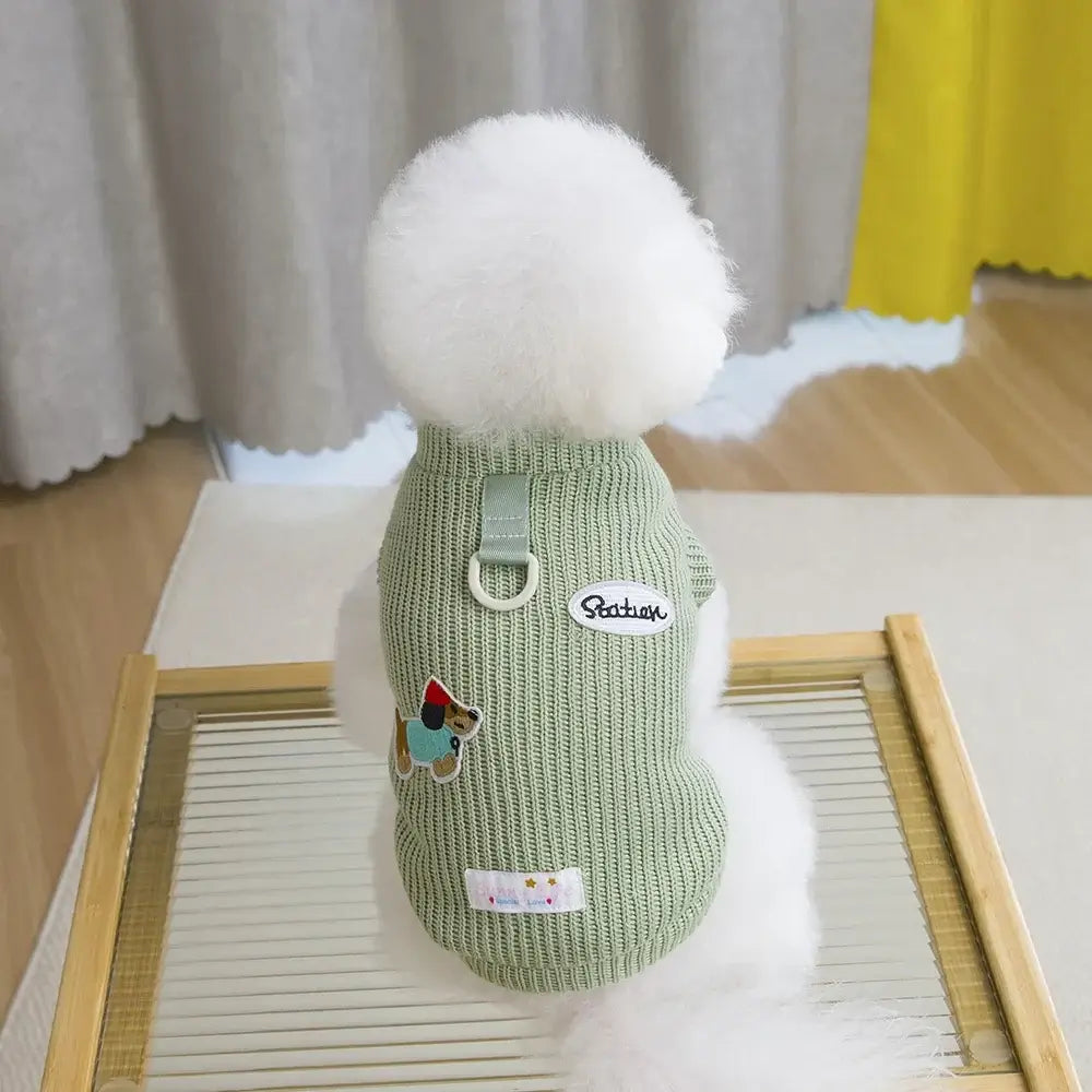 dog sweater for small dogs green knit pet sweater for small dogs with patches, warm winter puppy apparel for Chihuahua and Yorkie