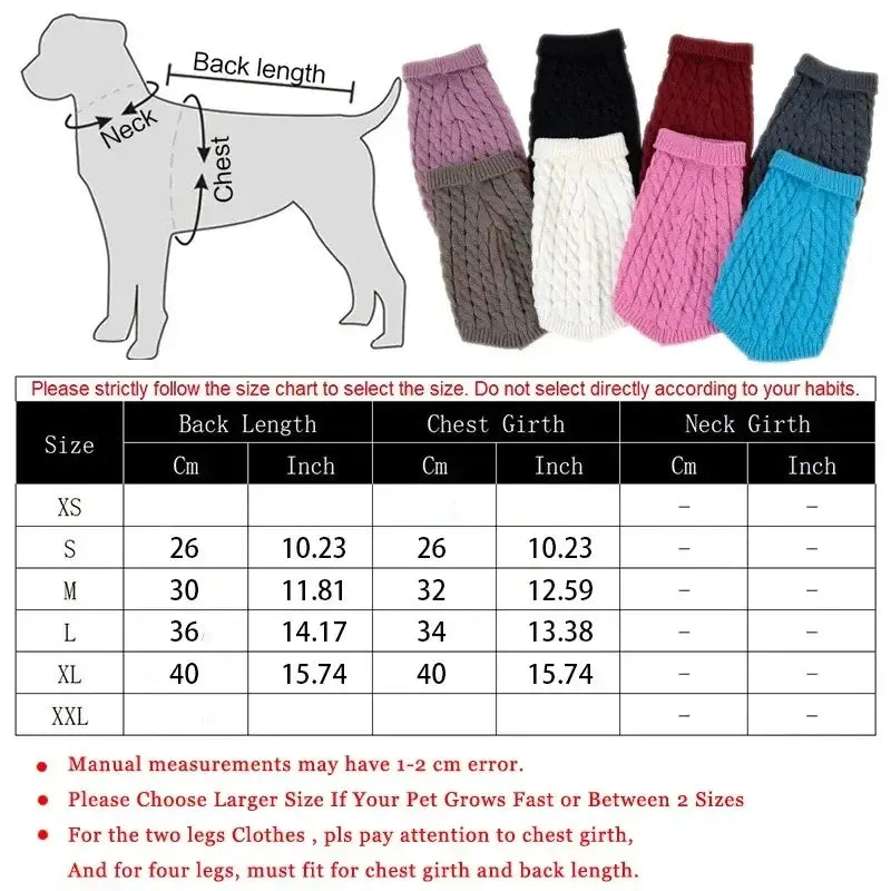 small dog winter sweater size chart for knitted pet turtleneck sweater with back length and chest girth guide
