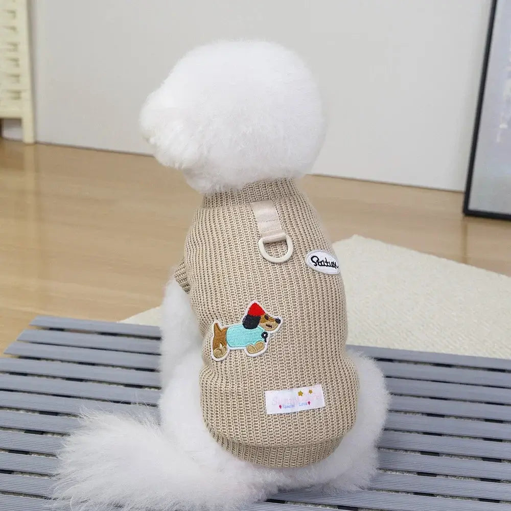 dog sweater for small dogs beige cotton winter pet sweater for Chihuahua and Yorkie with cute dog patch