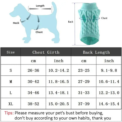 small dog turtleneck sweater size chart with chest and back length measurements for puppy and cat winter knitwear