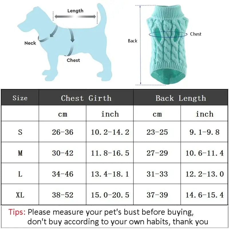 Small dog turtleneck sweater size chart for chest and back length, knitted winter pet clothes for Chihuahua and French Bulldog