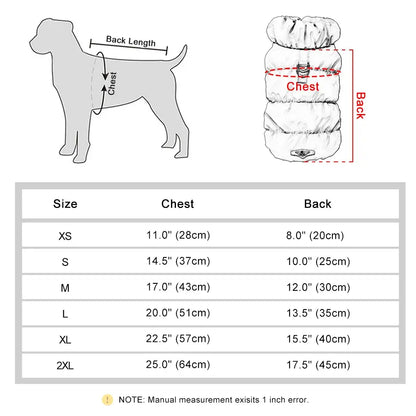 small dog winter coat size chart for chest and back measurements for padded warm dog jacket