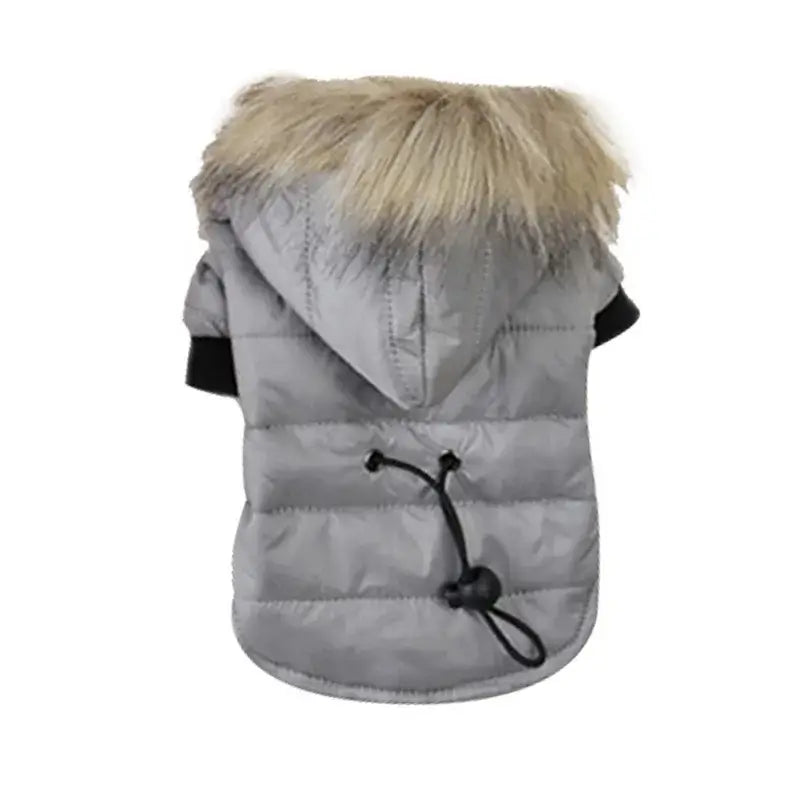 small dog winter jacket gray padded pet coat with faux fur hood for Chihuahua, French Bulldog, puppy, cat, rabbit