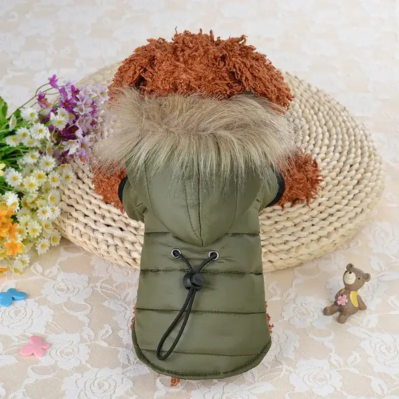 small dog winter jacket with fur trim, olive green pet coat for small and medium dogs, warm winter clothing