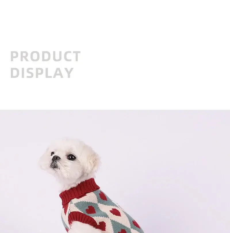 small dog winter sweater with heart pattern knit turtleneck in vintage red for warm small breed dogs