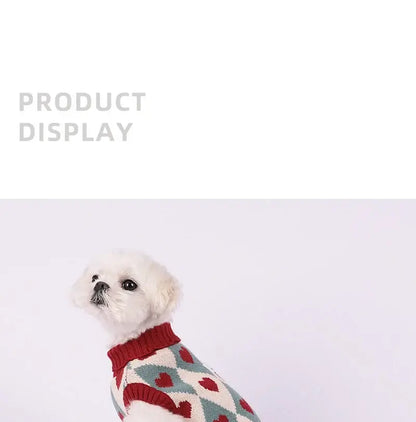 small dog winter sweater with heart pattern knit turtleneck in vintage red for warm small breed dogs