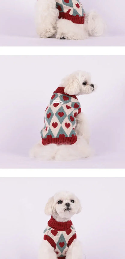 small dog winter sweater for Chihuahua and Yorkie, cute heart pattern knitted turtleneck pet coat for winter