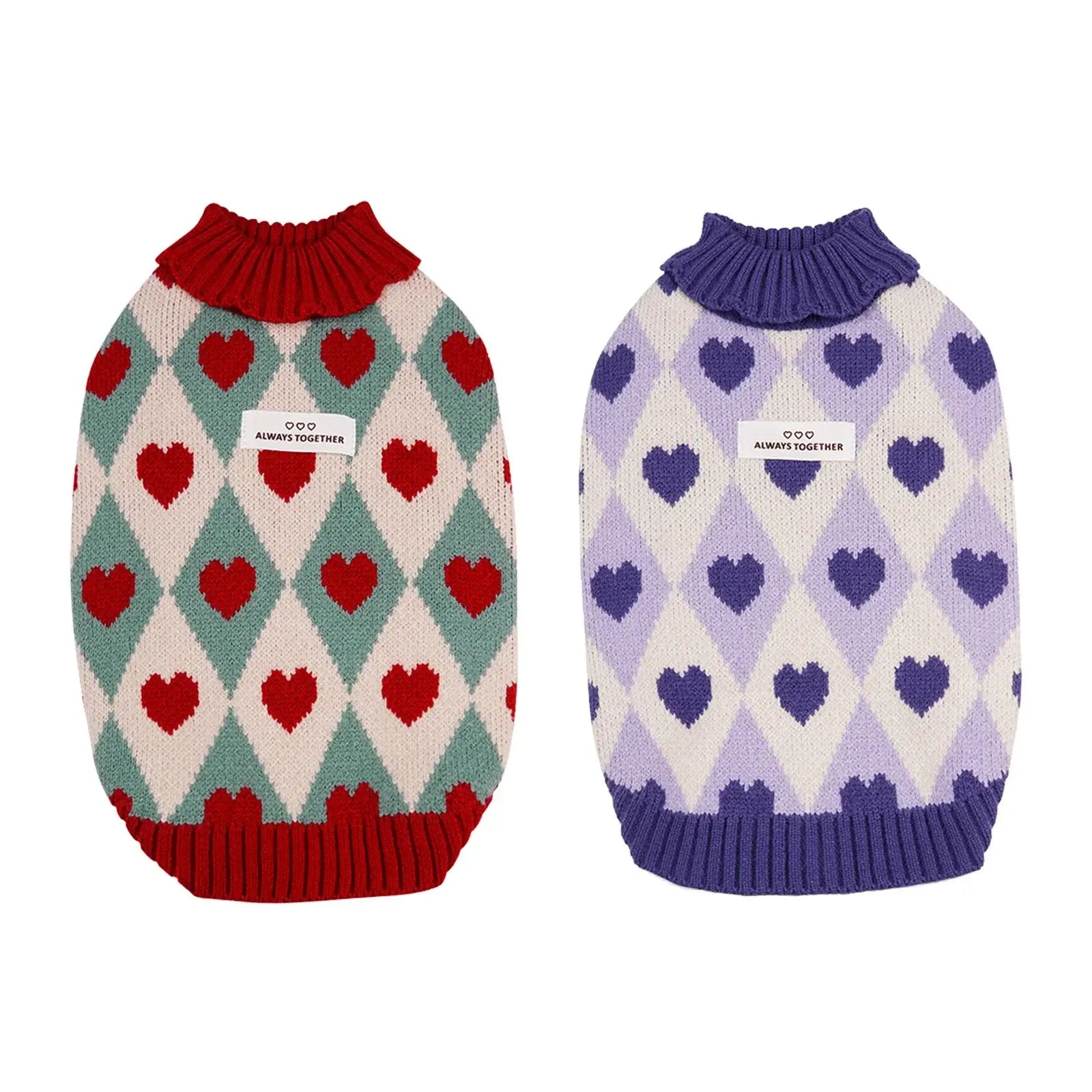 small dog winter sweater with heart pattern knitted turtleneck puppy coat in red and purple for small dogs