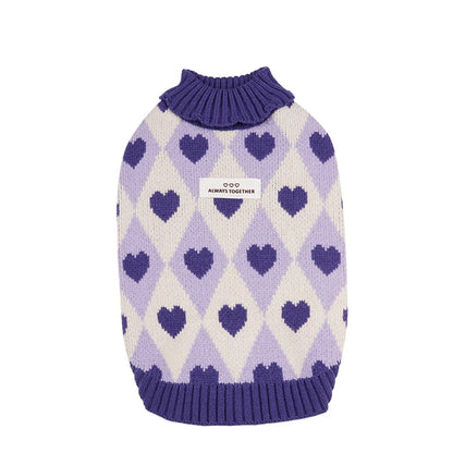 small dog winter sweater purple heart pattern knitted turtleneck puppy coat for Chihuahua and Yorkie, soft warm vintage style
