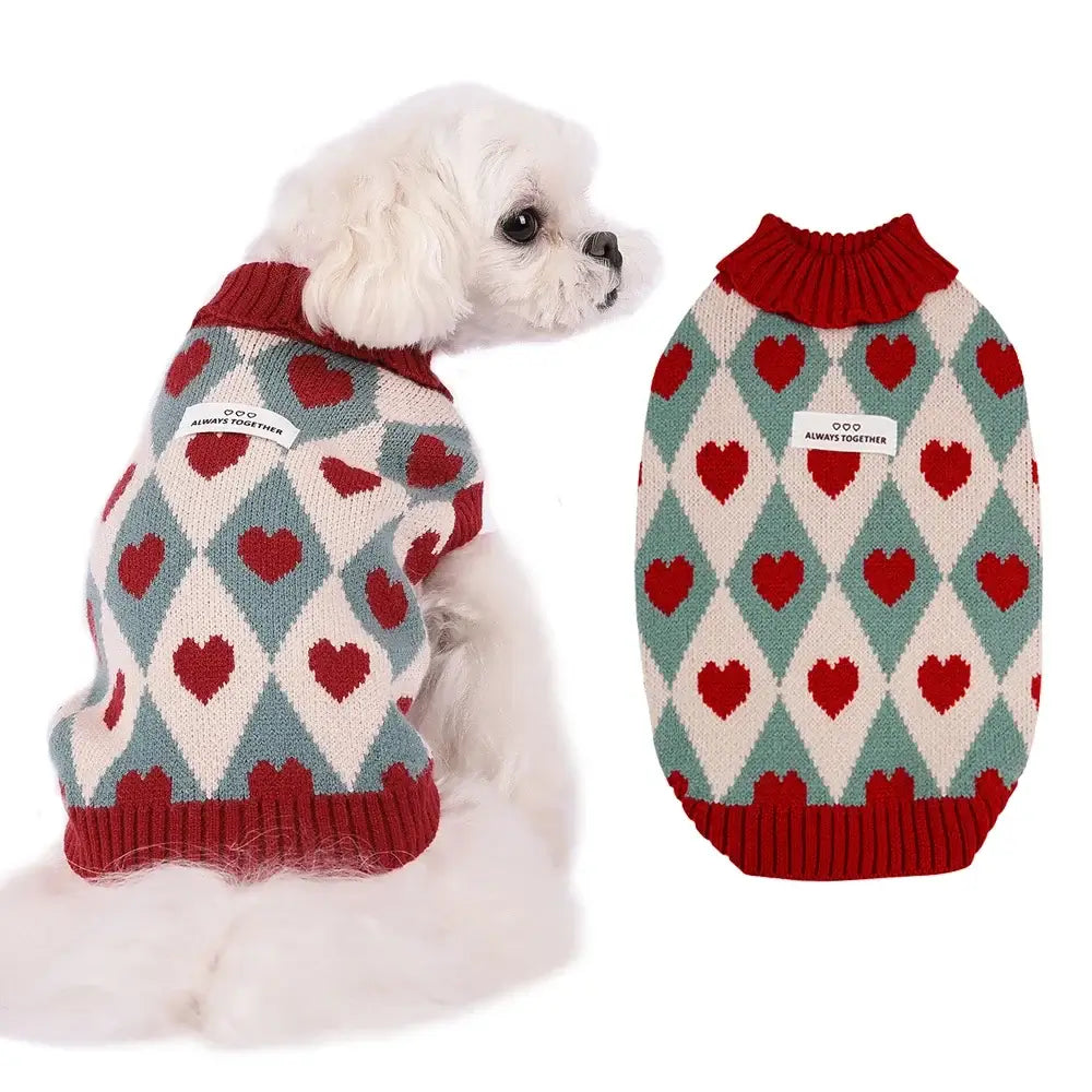 small dog winter sweater heart pattern knitted turtleneck coat for Chihuahua and Yorkie in vintage red