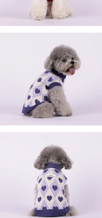 small dog winter sweater with heart pattern knitted turtleneck for Chihuahua and Yorkie in vintage purple
