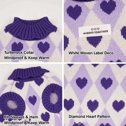 small dog winter sweater purple turtleneck knit with diamond heart pattern, warm windproof puppy coat