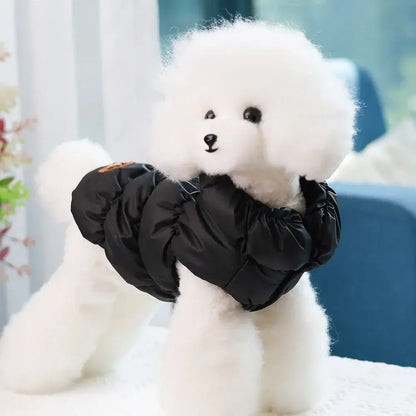 small dog winter coat for a fluffy white poodle in a black padded warm jacket, windproof pet outfit for winter