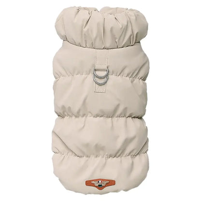 small dog winter coat padded beige dog jacket with ring detail, warm windproof pet outfit for small and medium dogs